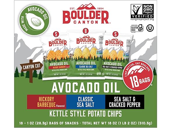 18CT Boulder Canyon Avocado Oil Potato Chips Variety