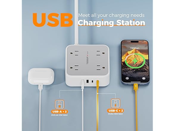 TESSAN Power Strip (8 Outlets, 4 USB)