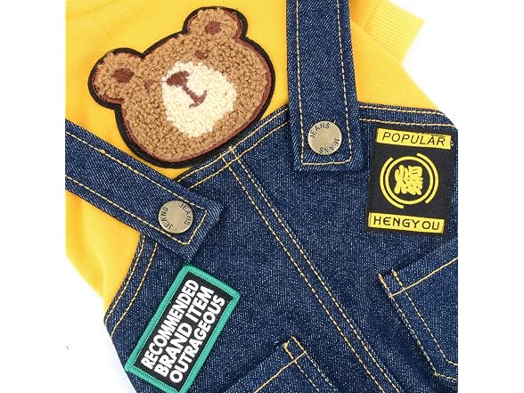 Bear Patch Denim Overalls for Small Dogs, Ye