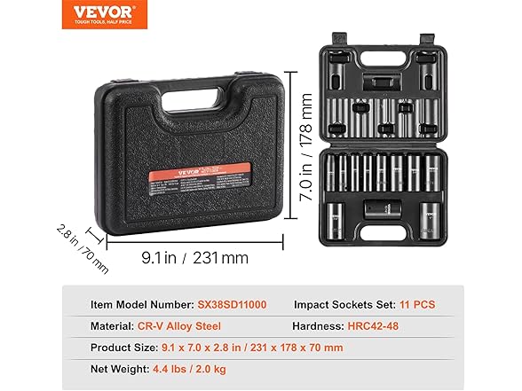 VEVOR 3/8" Drive 11 Piece Deep Socket Set