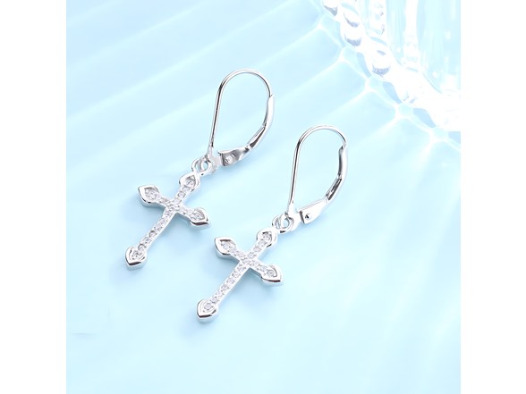 18K White Gold Leverback Cross Earrings