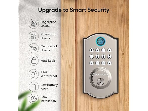 ELAMOR M19-Nickel Fingerprint Door Lock (Nickel)