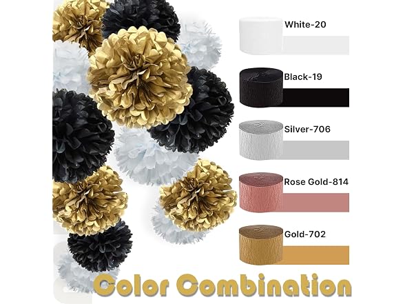 PartyWoo Black and Gold Metallic Black Crepe Paper Streamers