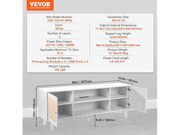 Rattan TV Stand for 75in TV, Boho TV Stand with