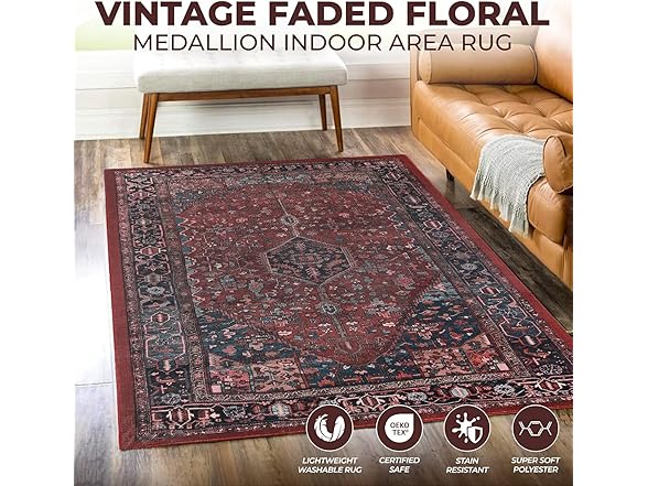 Superior Floral Medallion Washable Rug Cardinal Collection