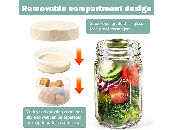 EKACO 4 Pack Glass Salad Jars 32 Oz - Leakproof Mason Jars