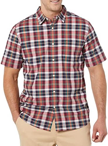 Amazon Essentials Men's Slim-Fit Short-Sleeve Poplin Shirt, Navy Red White Plaid, XX-Large