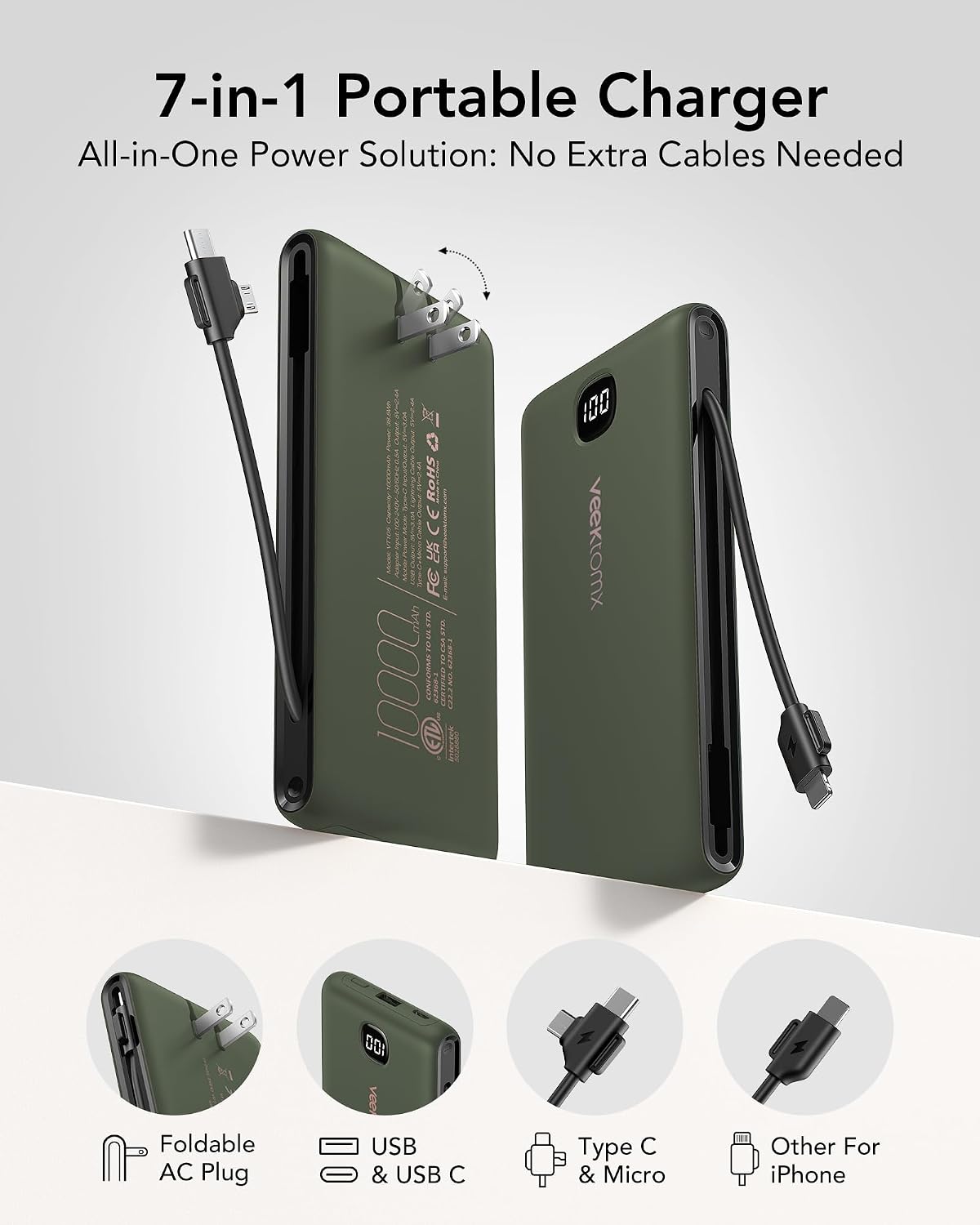 VEEKTOMX 10000mAh Power Bank Cables- Choose Color - Gallery 12