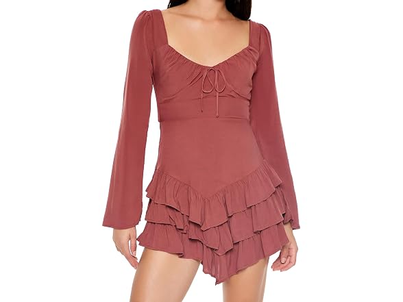 Forever 21 (S) Tiered Bell-Sleeve Dress Chestnut