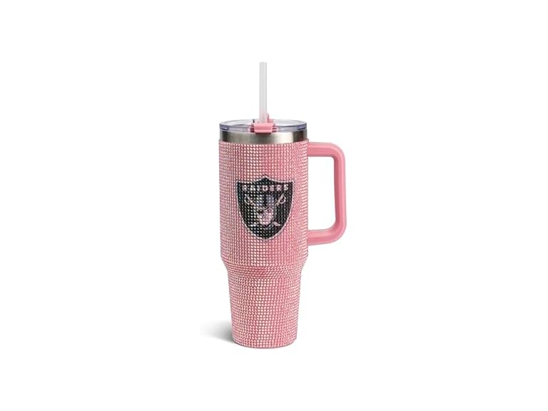 The Memory Company Officially Licensed 40oz Pink Game Day Bling Stainless Steel Tumbler - Premium Insulated Double-Wall Travel Cup With Handle and Straw Lid