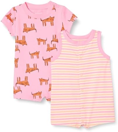 Amazon Essentials Unisex Babies' Sleeveless and Short-Sleeve Romper Set, Pack of 2, Pink Tiger/Stripe, Newborn