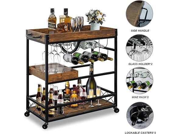 Bar Cart for Home, 3-Tier Rolling