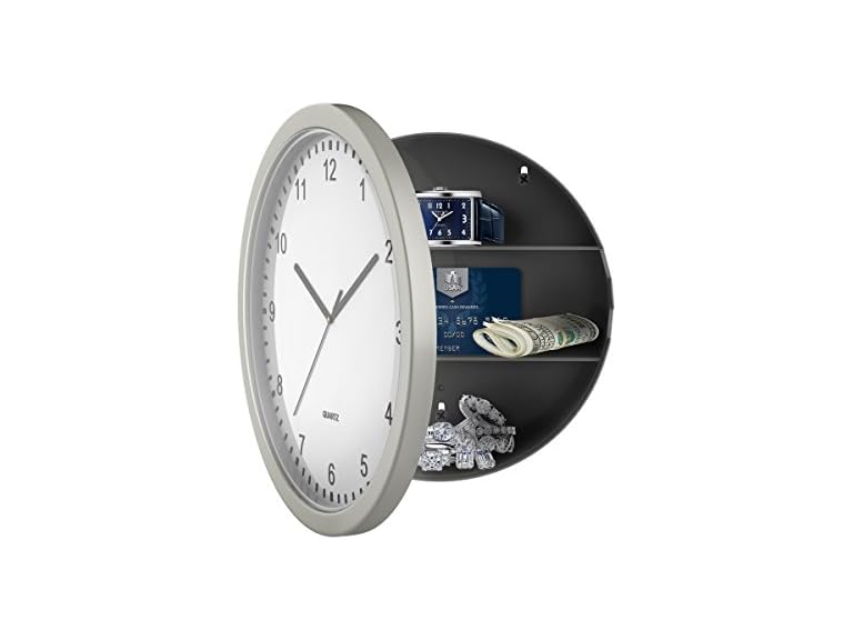 Clock Safe:10-Inch Battery-Operated Analog Clock with Hidden Wall Safe for Jewelry, Cash, Valuables, and More by Trademark Home (Silver)
