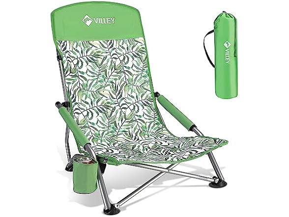 VILLEY High Back Folding Beach Chair – Low Seat, Green, With Carry Bag & Cup Holder