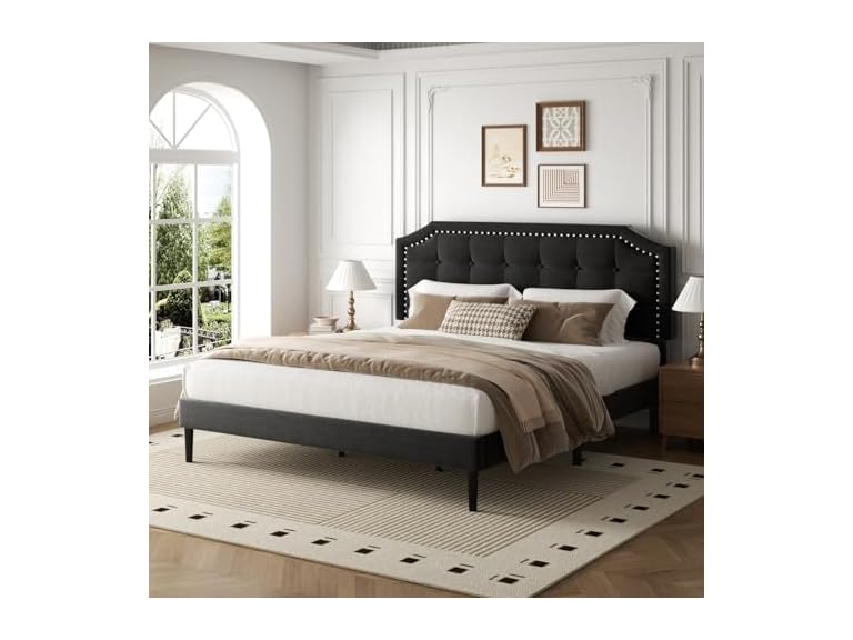 King Platform Bed Frame, Upholstered
