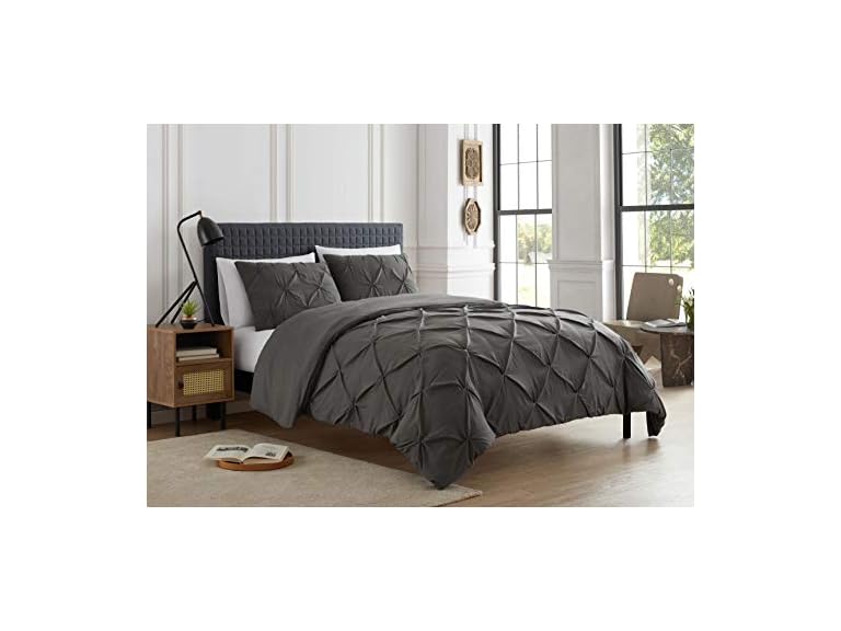 Sweet Home Collection SHC-PINTUCK-DUVET-GRY-K King Pintuck 3 Piece Duvet set Grey