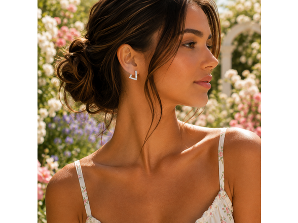 Silver V Shape CZ Stud Earrings