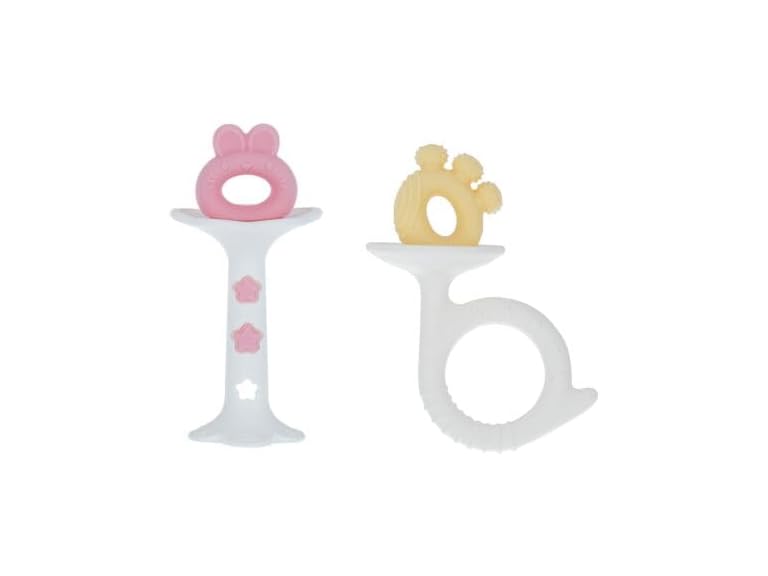 Nuby Silicone Fun Teethers - (2-Pack) Baby Teething Toy - Bunny and Tuba Shapes - 3+ Months - Yellow and Pink