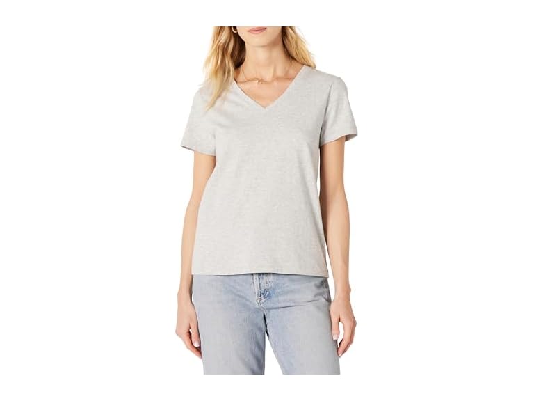 Amazon Essentials Women's Regular Fit 100% Cotton V-Neck Short Sleeve T-Shirt, Light Grey Heather, Large
