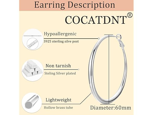 Cocadant Sterling Silver 60mm Hoop Earrings