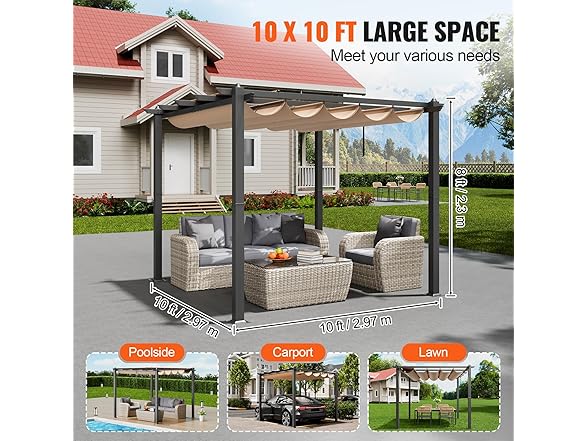 VEVOR 10'x10' Outdoor Retractable Pergola with Canopy