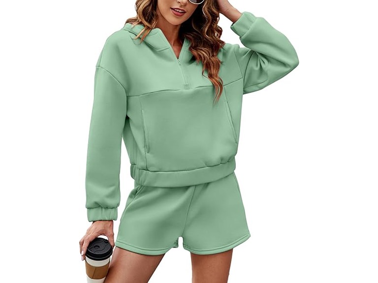 FKEEP Womens 2 Piece Sweatsuit Outfits Half Zip Hoodie Sweat with Shorts Pockets Lounge Winter Tracksuit Wear Matching Set