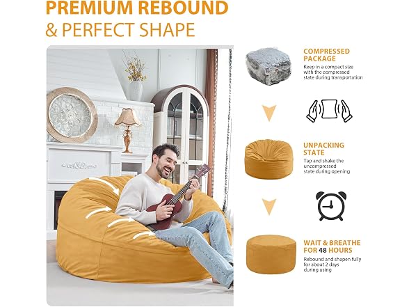 SIMFLAG 5ft Bean Bag Chair Mustard Color - Gallery 6