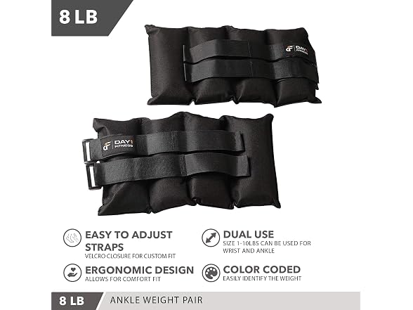Day 1 Fitness Ankle Weights, 8 lbs, Set of 2