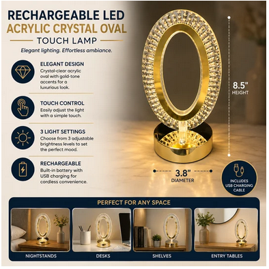 Rechargeable LED Acrylic Crystal Oval Touch Light - Gallery 4