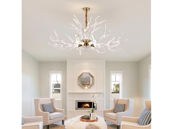 RinkBik Acrylic Antler Chandelier Ceiling Light Fixtures, Deer Antler Chandelier Lighting, Resin Antlers Pendant Light for Dining Room, Living Room, Bedroom, Kitchen, Cabin, Farmhouse 41.3" 12 Lights (Open Box)