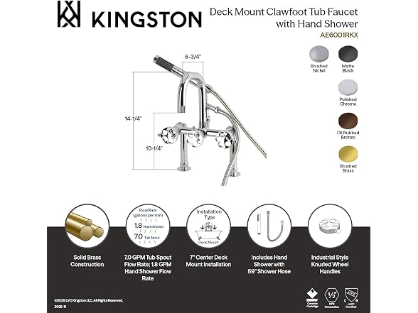 Kingston AE6007RKX Deck-Mount Clawfoot Tub Faucet