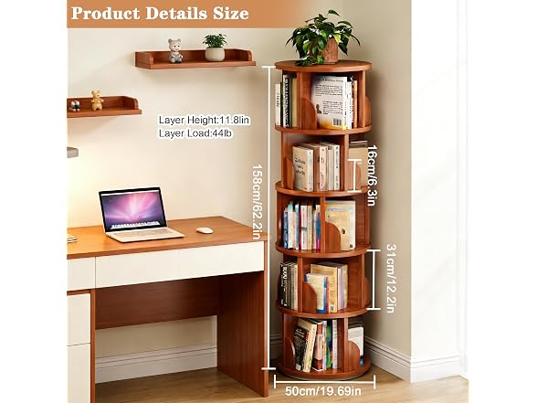 Rotating Bookshelf, 5-Tier 360 Wood