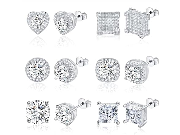 6 Pairs Sterling Silver Cubic Zirconia Studs