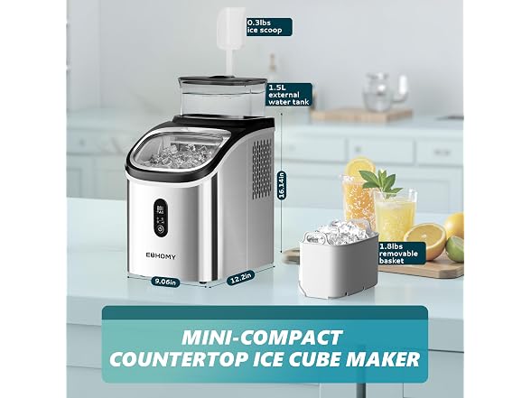 EUHOMY Ice Cube Maker Machine Countertop w Water Tank, SILV