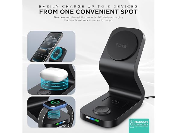 iHome 15W 3-in-1 Magnetic Wireless Charging Stand