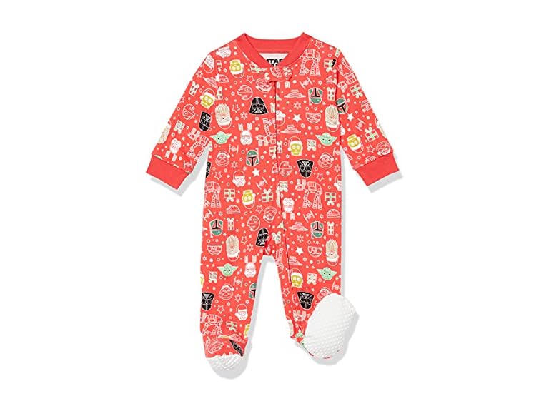 Amazon Essentials Disney | Marvel | Star Wars Unisex Babies' Snug-Fit Cotton Footed Pajamas, Star Wars Holiday - Sleep & Play, 3-6 Months