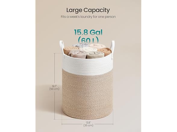 SONGMICS Laundry Hamper, Cotton Rope 15.8 Gallons