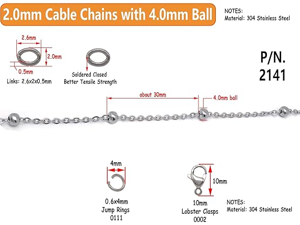 THREENEST 32Ft 2mm Stainless Steel Satellite Chains Kit
