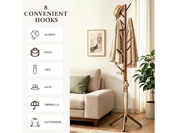 Freestanding Wooden Coat Rack, 8 Hooks