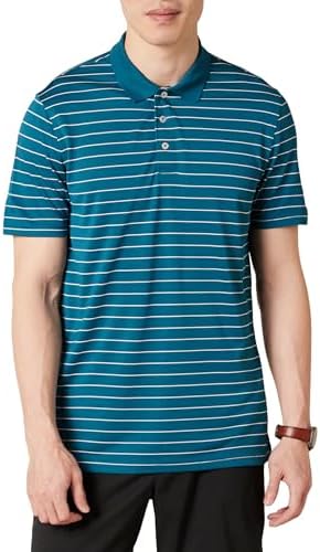 Amazon Essentials Men's Golf Polo Shirt, Short Sleeve, Slim-Fit, Quick-Dry, Blue White Mini Stripe, Medium