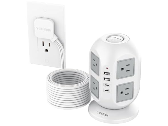 TESSAN 10ft Cord Power Tower (8 Outlets, 2 USB-C, 2 USB-A)