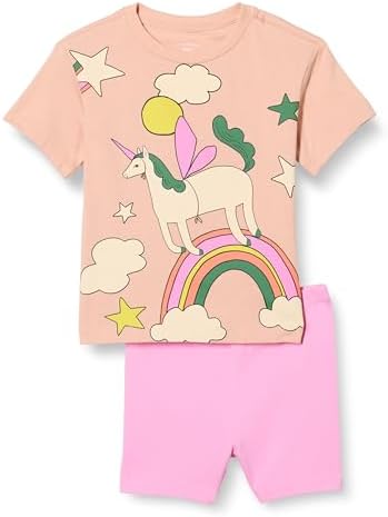 Amazon Essentials Girls' T-Shirt and Bike Short Set, Pink/Unicorn, Small
