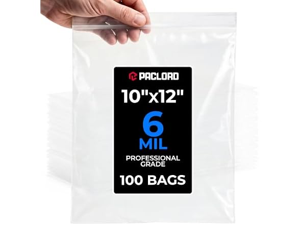 10" x 12" Medium Reclosable Plastic Zip Bags, 100 Count