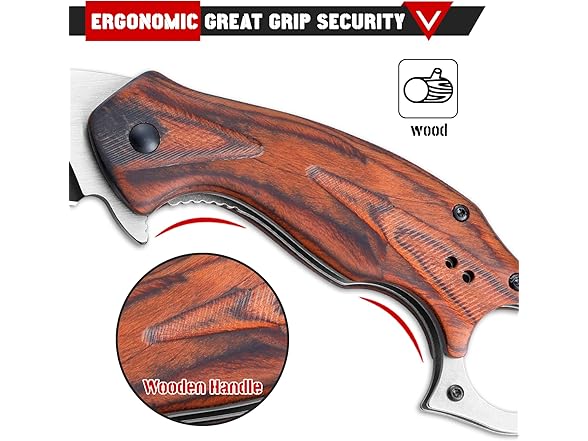 RBLACK Karambit Folding Knife, Wood Handle