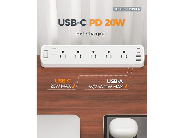 TESSAN 2100J 6ft Cord Desk Clamp Power Strip (5 Outlets, 4 USB)