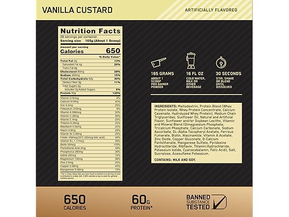 Optimum Nutrition Gold Standard Pro Gainer Protein Powder, Vanilla Custard
