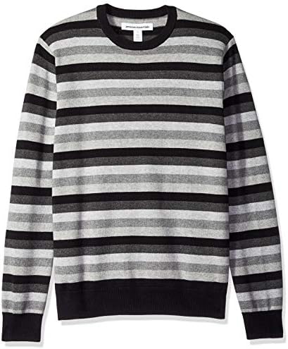Amazon Essentials Men's Long-Sleeve Crewneck Sweater, 100% Cotton, Big & Tall Options Available, Black Grey Stripe, X-Large