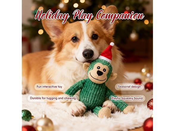 Bow Wow Pet Pixel Monkey with Santa Hat Plush Squeaky Toy