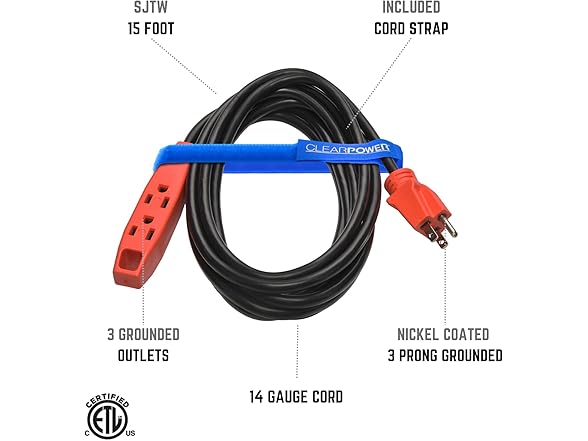 Clear Power 15 ft 14/3 SJTW 3 Outlet HD Ext Cord