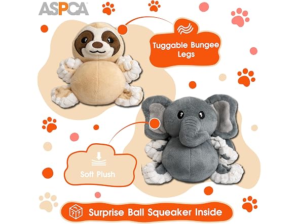 ASPCA 2 Pack Plush Dog Toy with Squeaker Elephant & Sloth